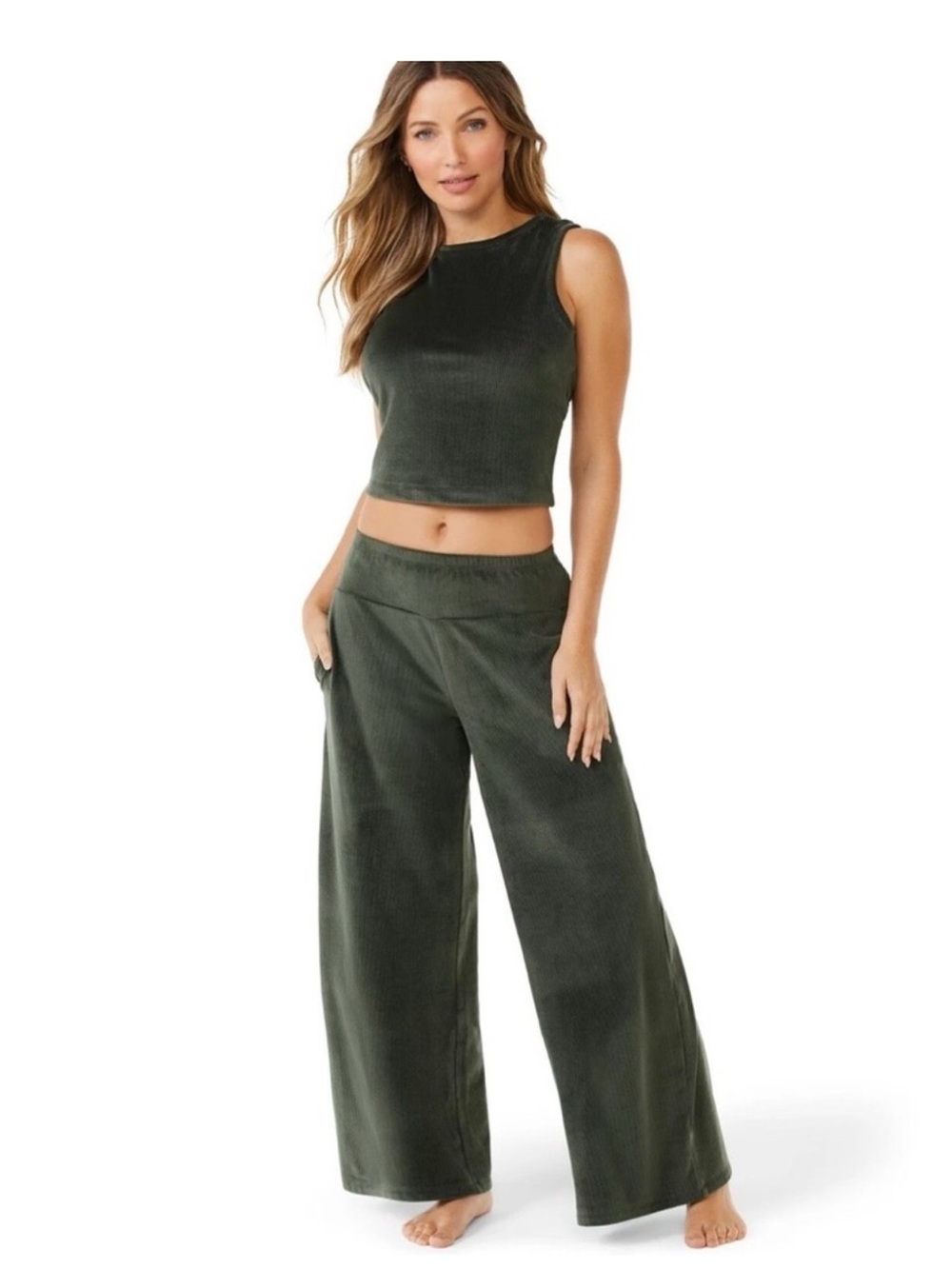 Wide-Leg Corduroy Pants with Matching Crop Top - Olive set
